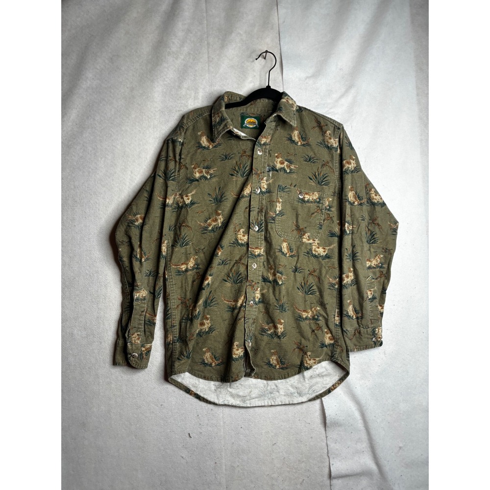 Cabelas Mens Hunting Dog Print Flannel Shirt Olive Green Long Sleeve Button Down